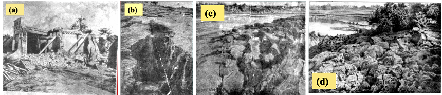 Various damages reported during 1869 Cachar EQ (M-7.8) in Guwahati. (a) House damage in Pan Bazaar; (b) wider ground cracks in the Pan bazaar area; (c) ground subsidence on the bank of River Brahmaputra; (d) Ground Fissures on the bank of river Brahmaputra. (Modified after Oldham 1882).