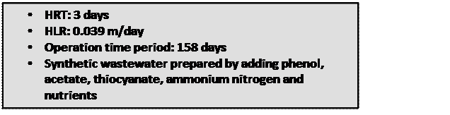 Text Box: 	HRT: 3 days
	HLR: 0.039 m/day
	Operation time period: 158 days
	Synthetic wastewater prepared by adding phenol, acetate, thiocyanate, ammonium nitrogen and nutrients
