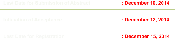 Last Date for Submission of Abstract 			: December 10, 2014 Intimation of Acceptance	 					: December 12, 2014 Last Date for Registration 					: December 15, 2014